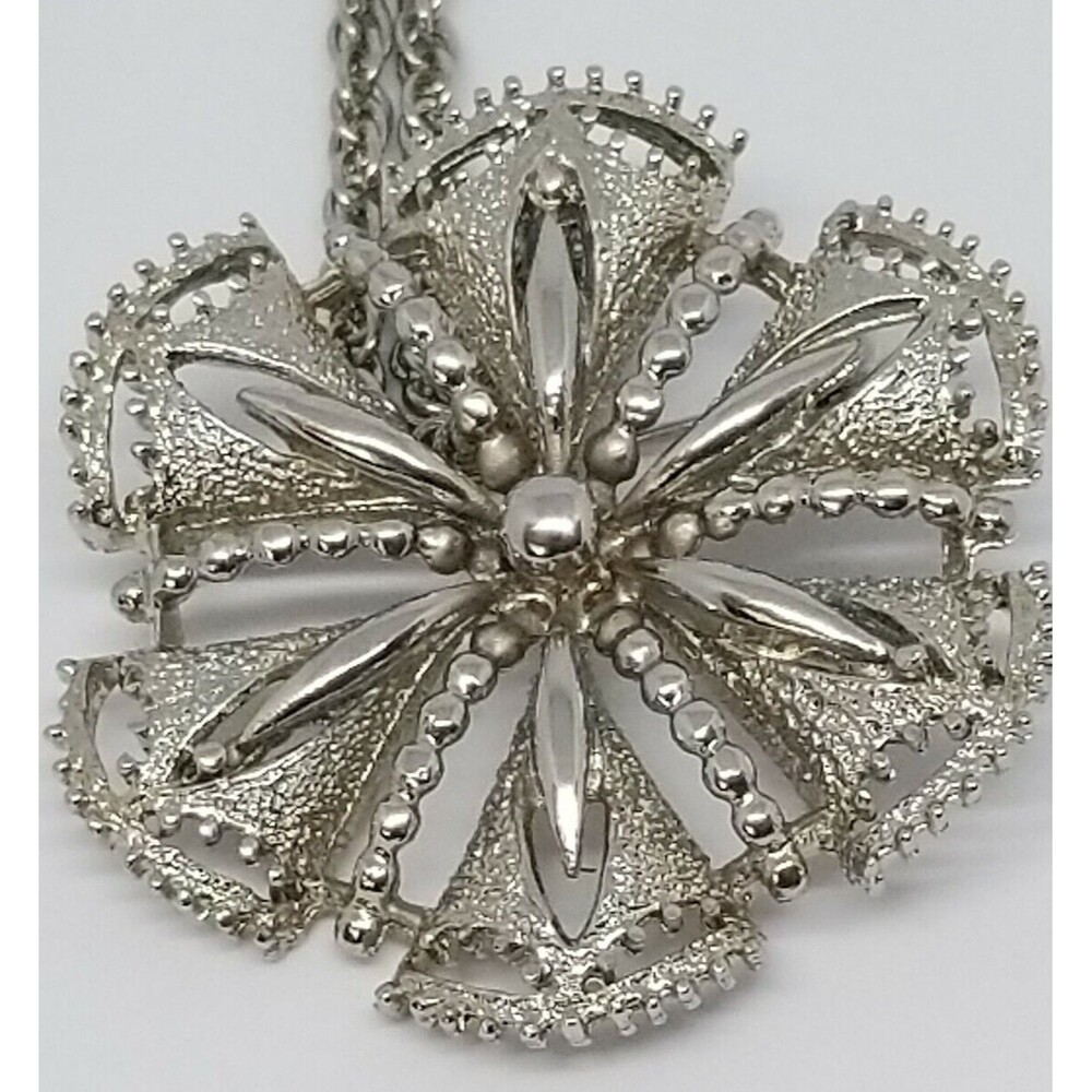 Rebecca Flower Brooch Pendant Silver Tone Openwork Pin Necklace Signed Vintage - Picture 3 of 9